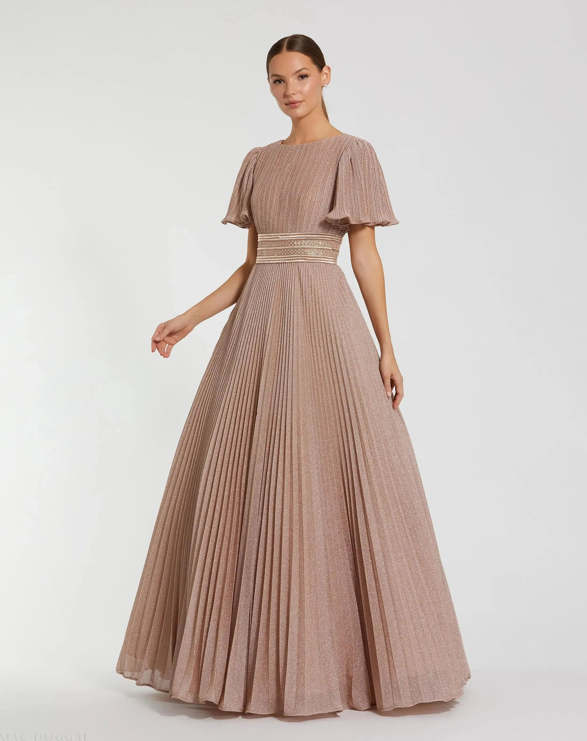 Pink Pleated Shimmering Flutter Sleeve Gown