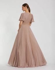 Pink Pleated Shimmering Flutter Sleeve Gown