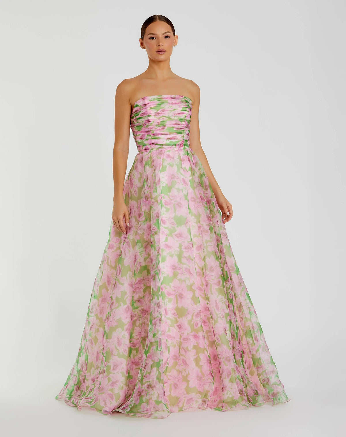 Pink Strapless Chiffon Gown With Ruched Detail
