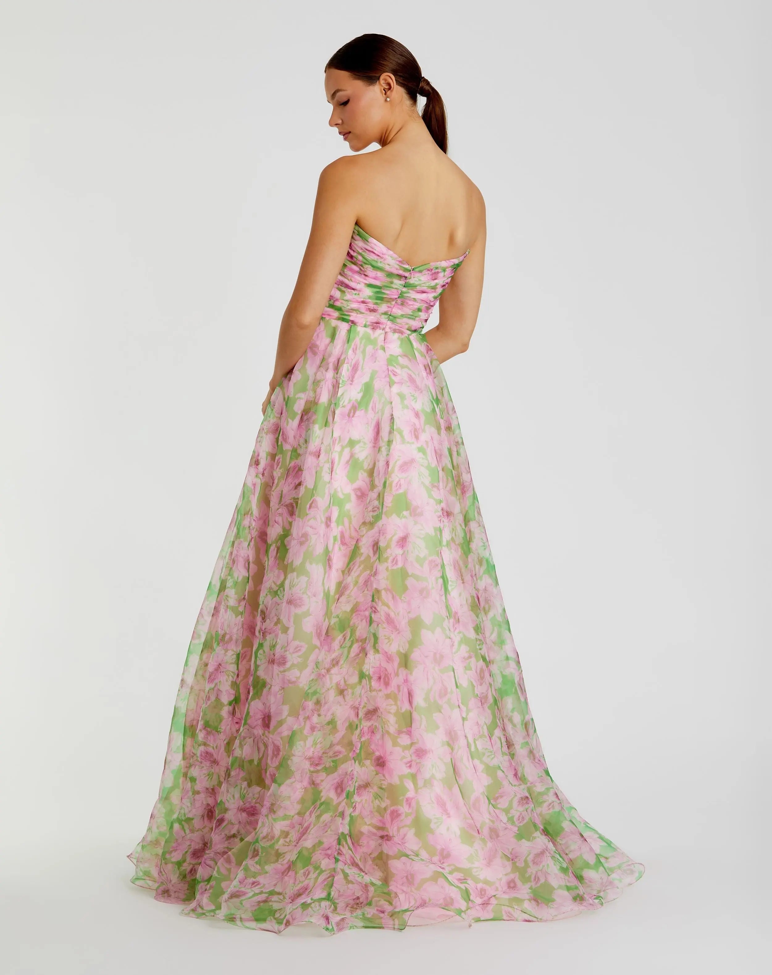 Pink Strapless Chiffon Gown With Ruched Detail