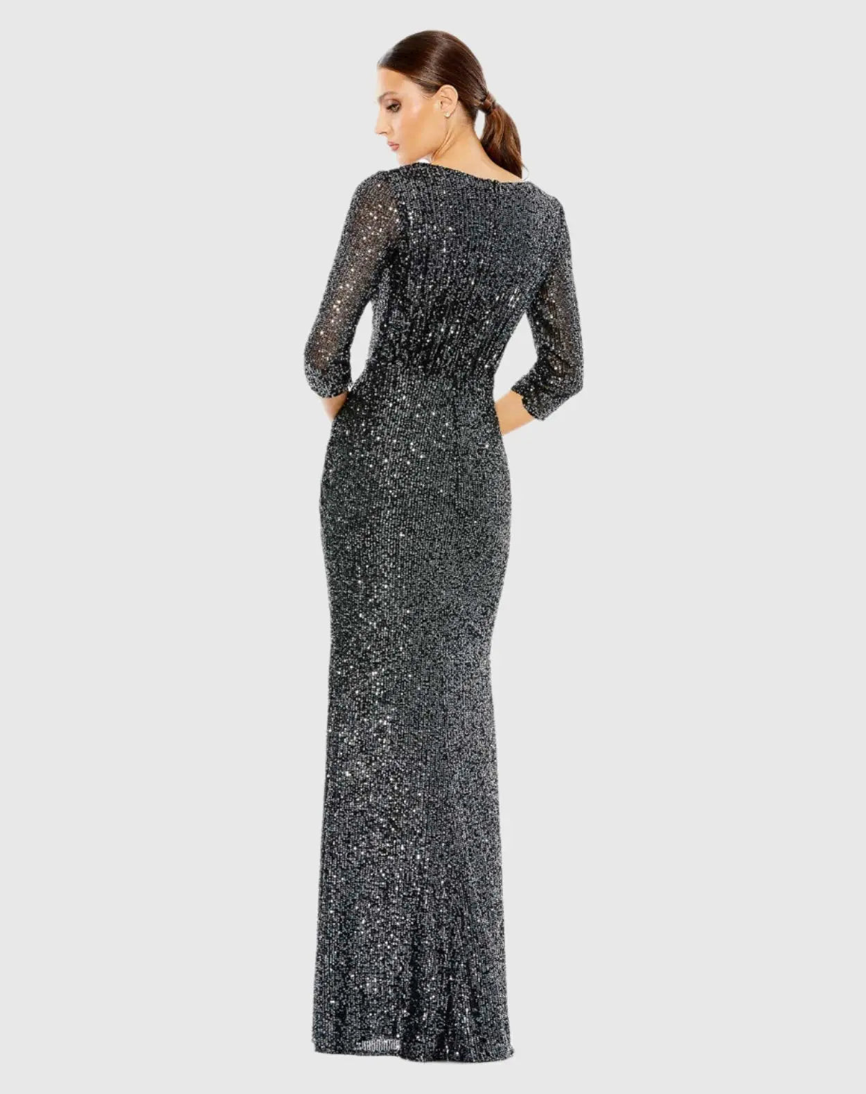 Gray Sequined Draped 3/4 Sleeve Gown