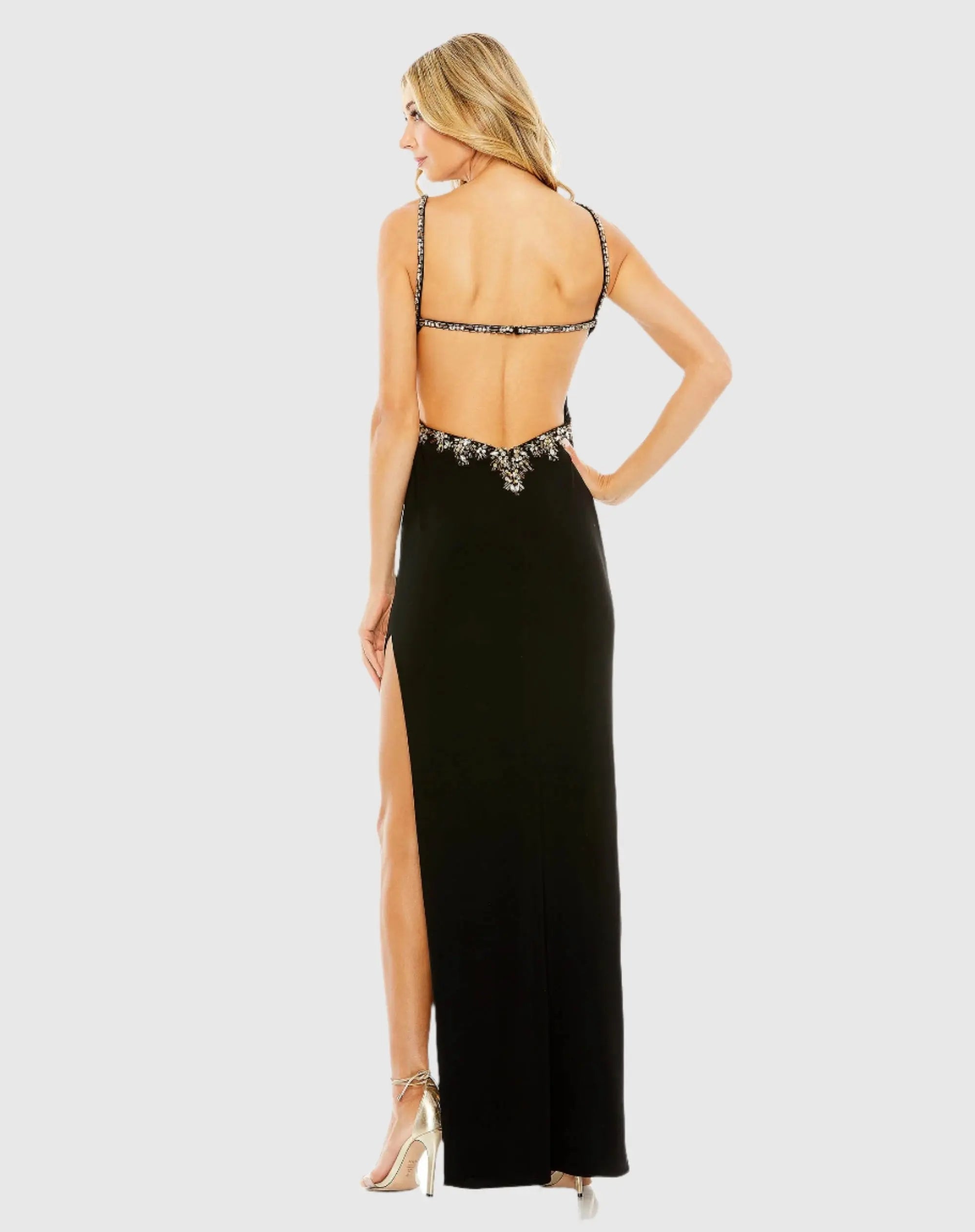 Black Embellished Ruched Open Back Column Gown