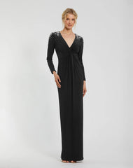Black Jersey V Neck Faux Knot Gown With Beaded Shoulders