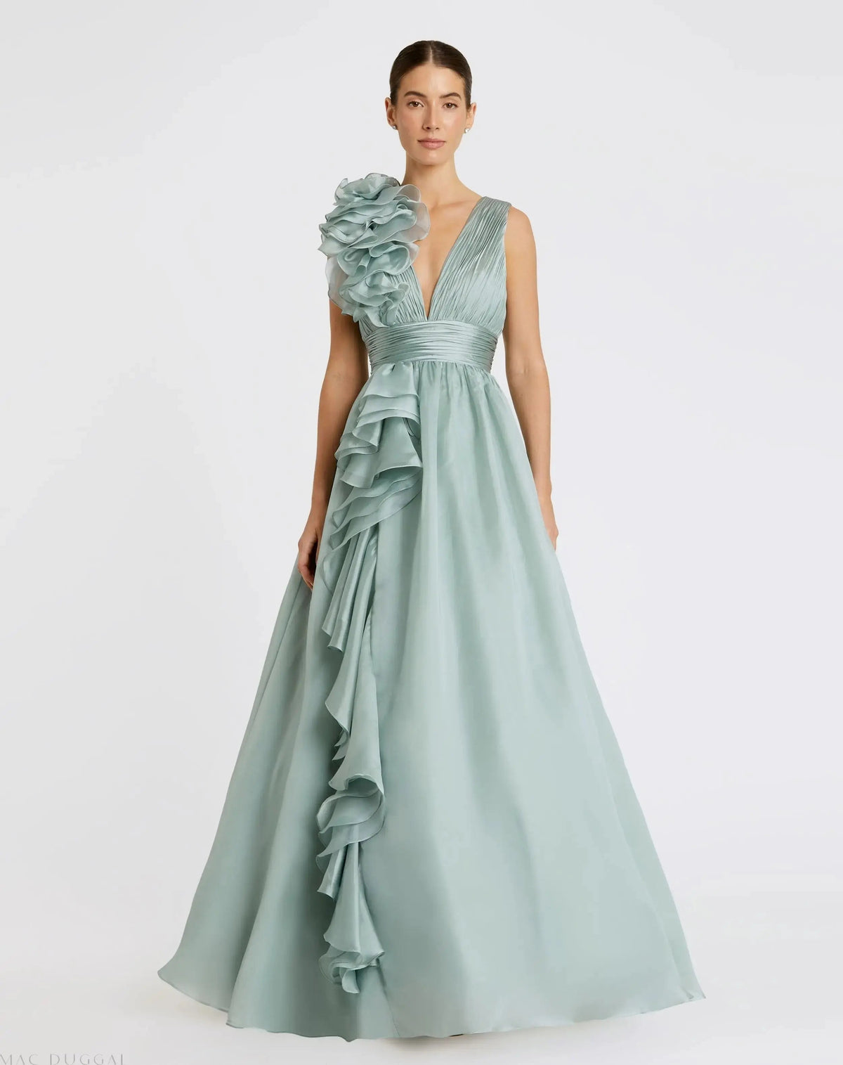 Green Ruffle Shoulder V-Neck Chiffon Gown