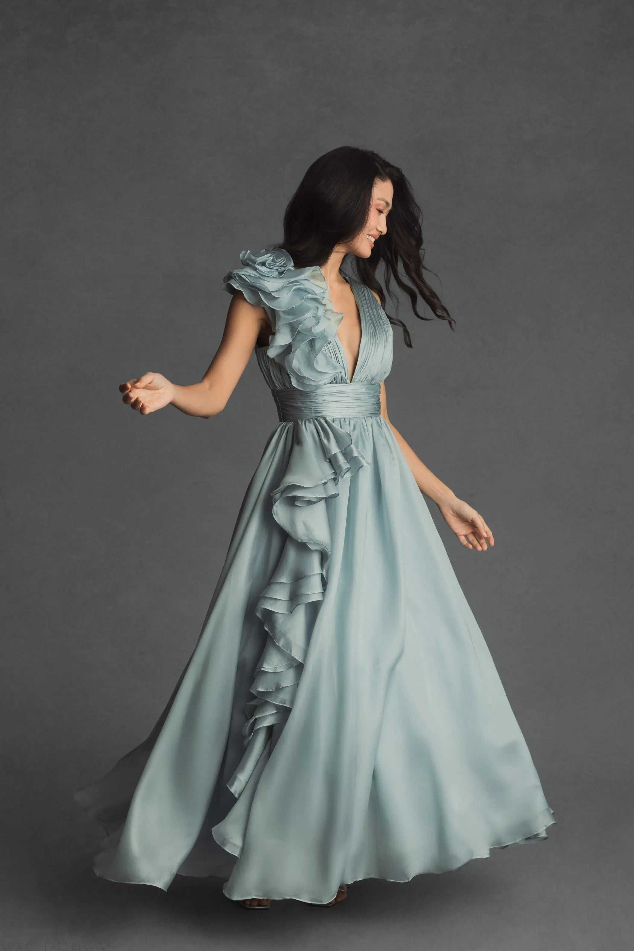 Green Ruffle Shoulder V-Neck Chiffon Gown