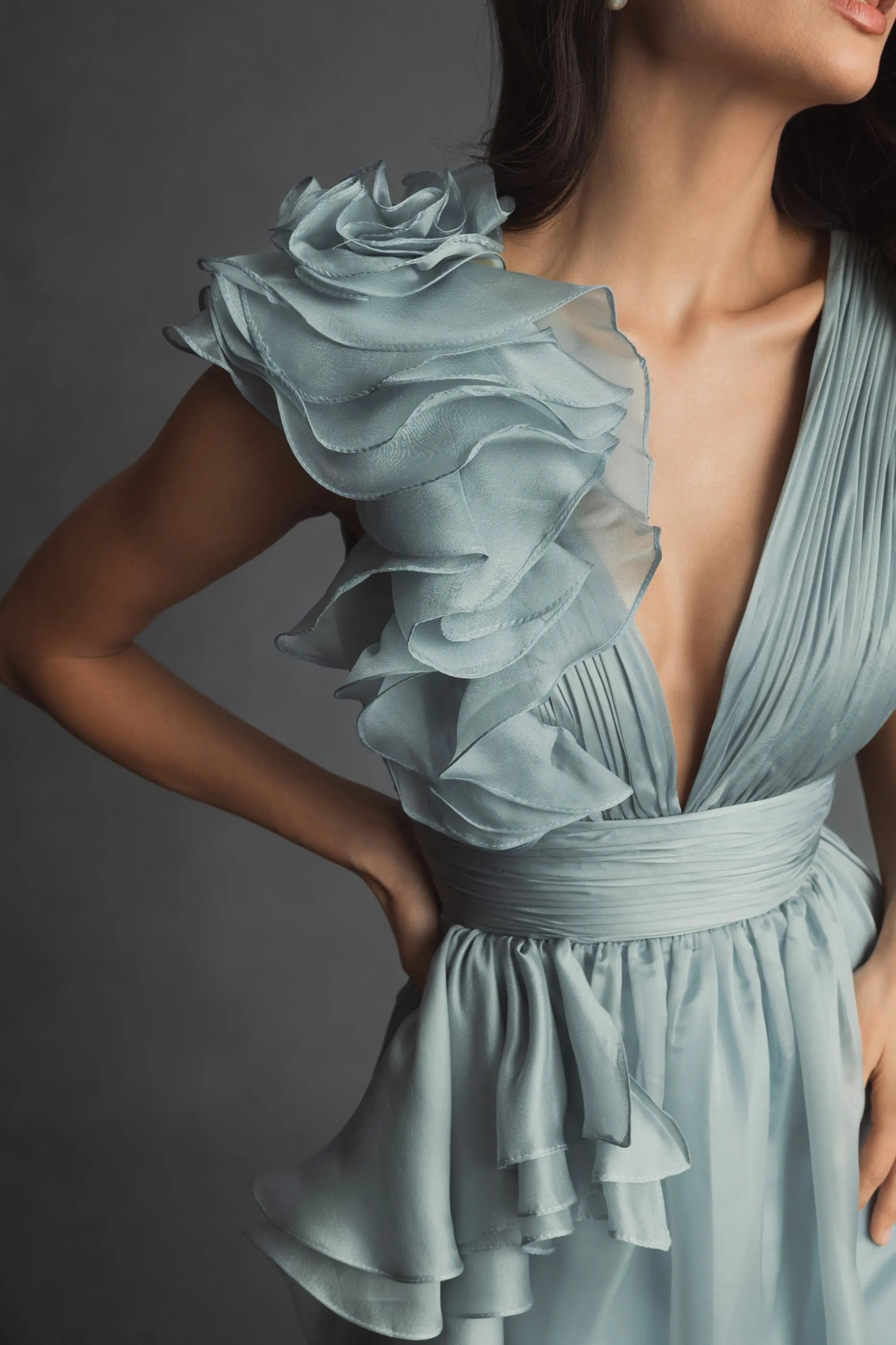 Green Ruffle Shoulder V-Neck Chiffon Gown