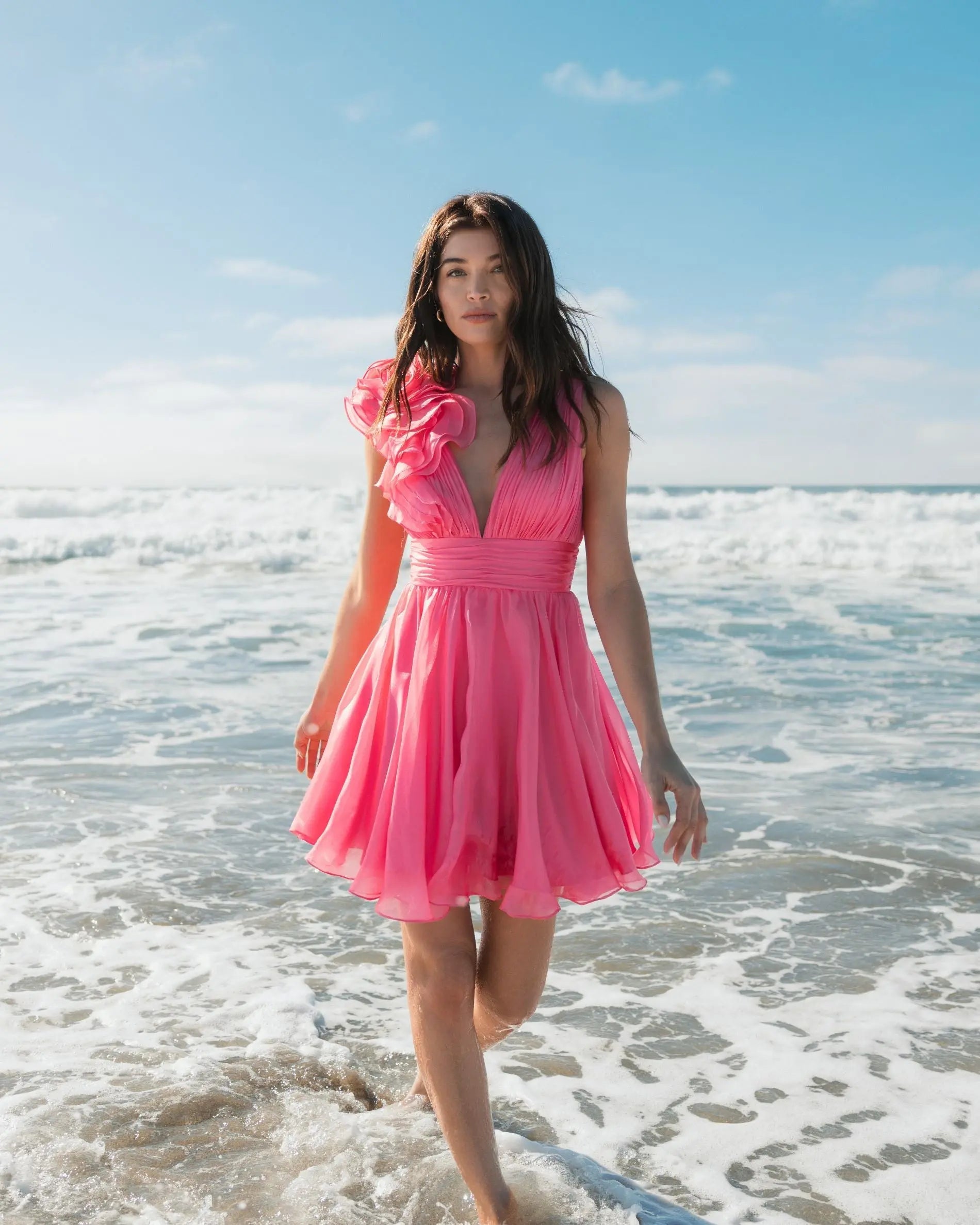 Pink Ruffle V Neck Fit & Flare Mini Dress