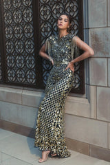 Black High Neck Sleeveless Beaded Fringe Fitted Gown