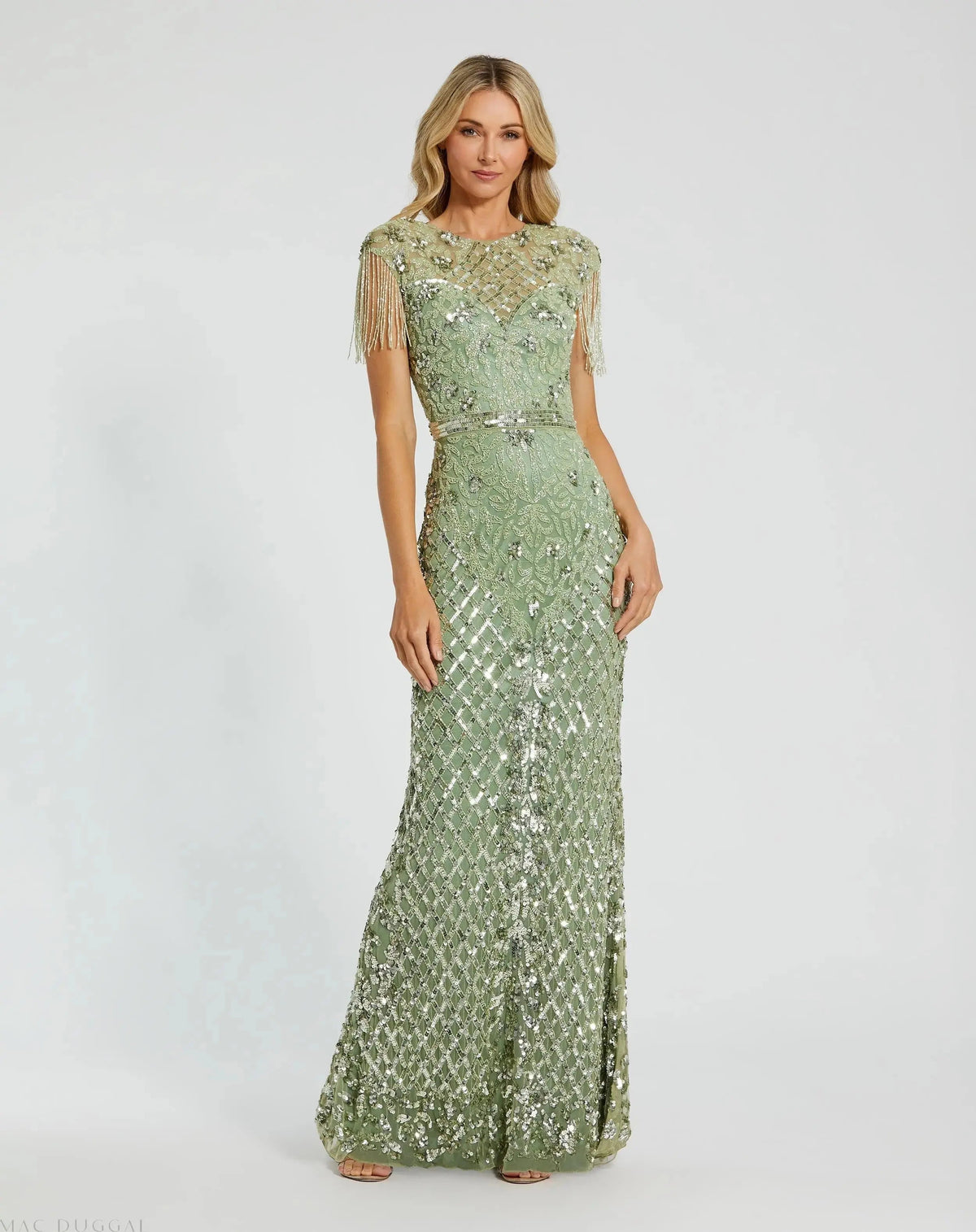 Green High Neck Sleeveless Beaded Fringe Fitted Gown
