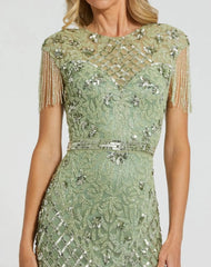 Green High Neck Sleeveless Beaded Fringe Fitted Gown