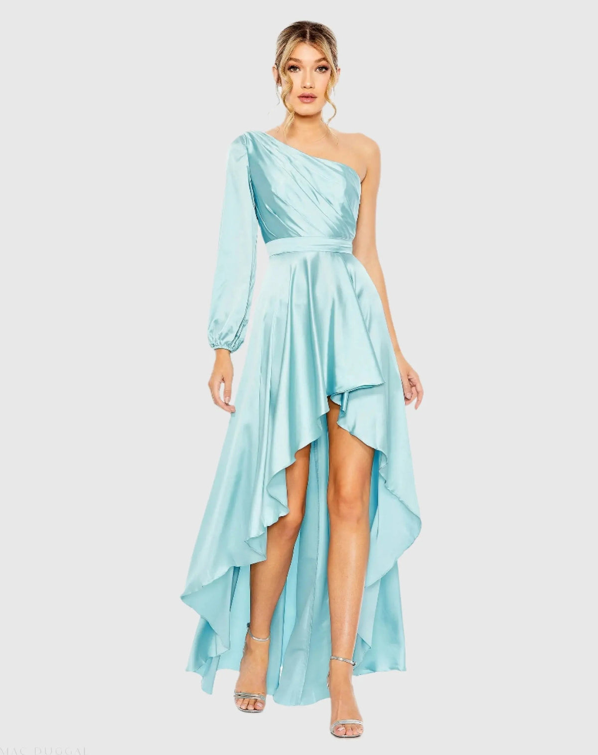 Blue Long Sleeve One Shoulder Satin High Low A-line Gown