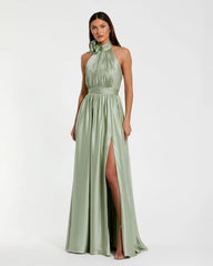 Green Soft Tie Halter Neck High Slit Gown