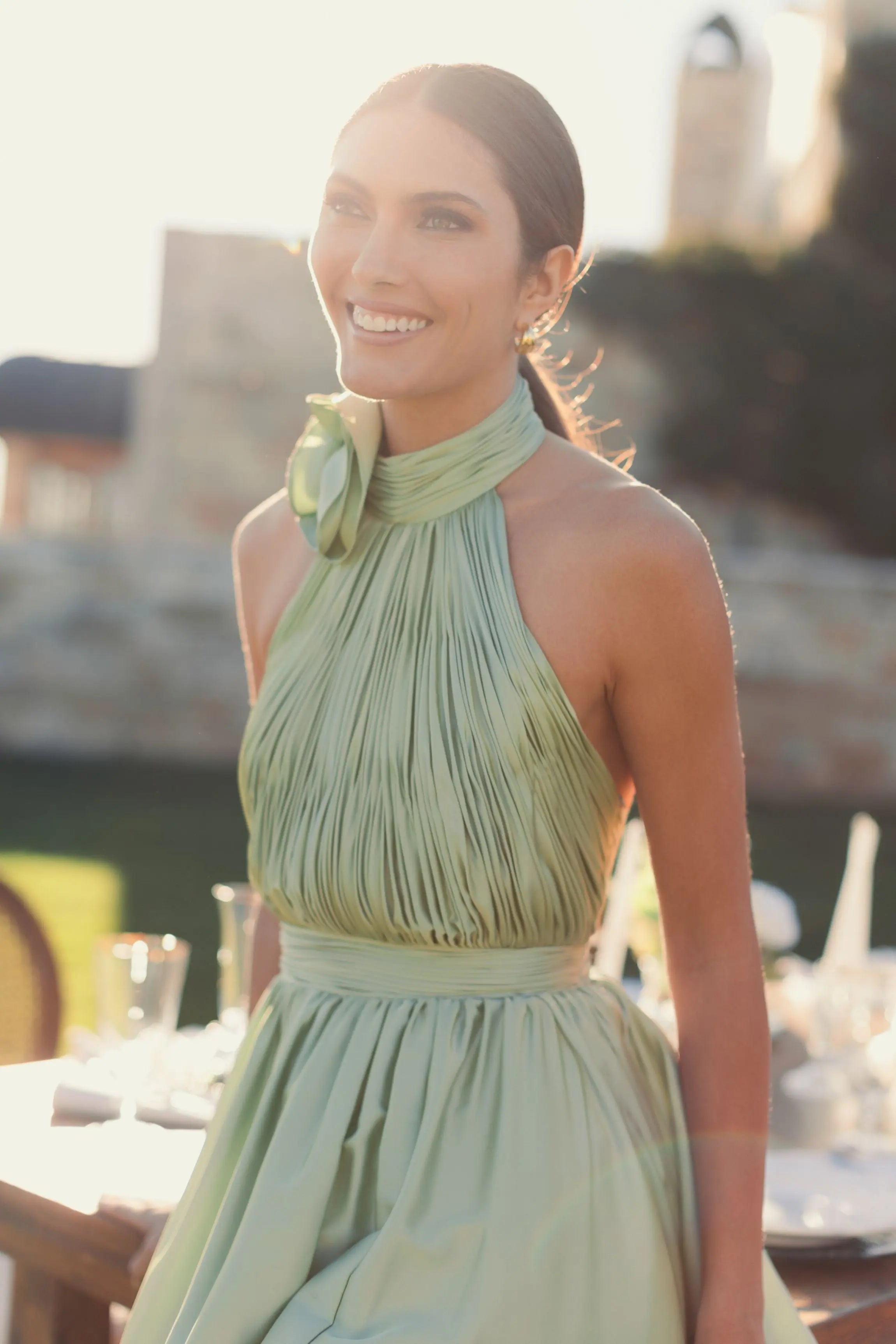 Green Soft Tie Halter Neck High Slit Gown