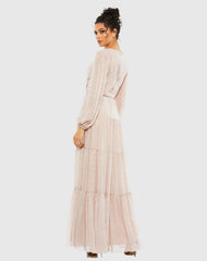 Pink V Neck Tiered Ruffle Gown