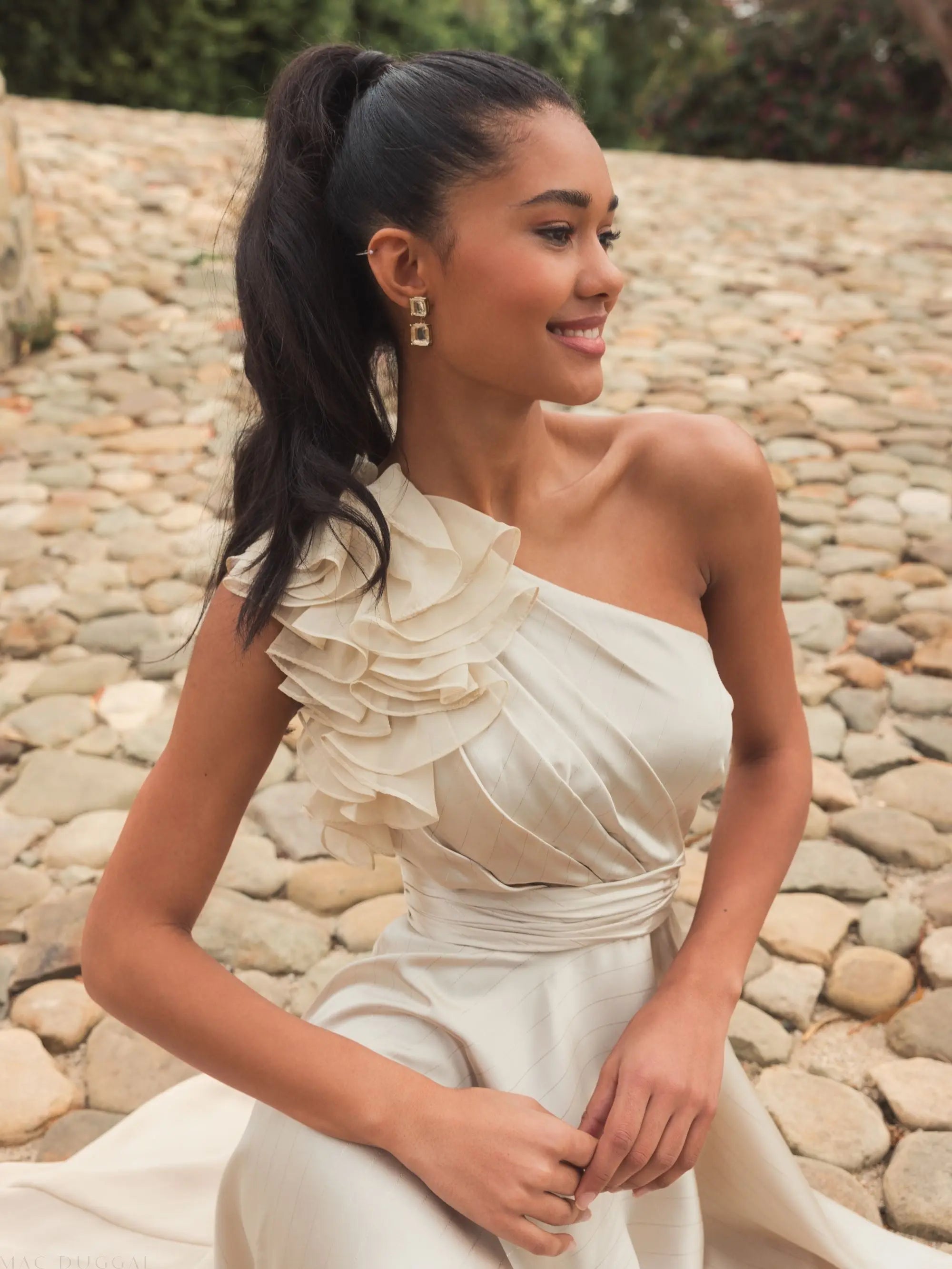 Beige Ruffled One Shoulder Cut Out Hi-Low Gown