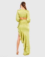 Green Cut Out Asymmetrical Ruffled Gown