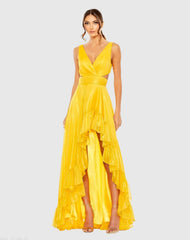 Yellow Cut Out High Low Ruffle Gown