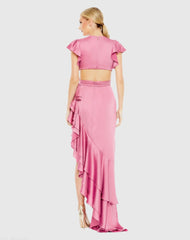 Pink Flutter Sleeve Cut Out Asymmetrical Ruffled Gown