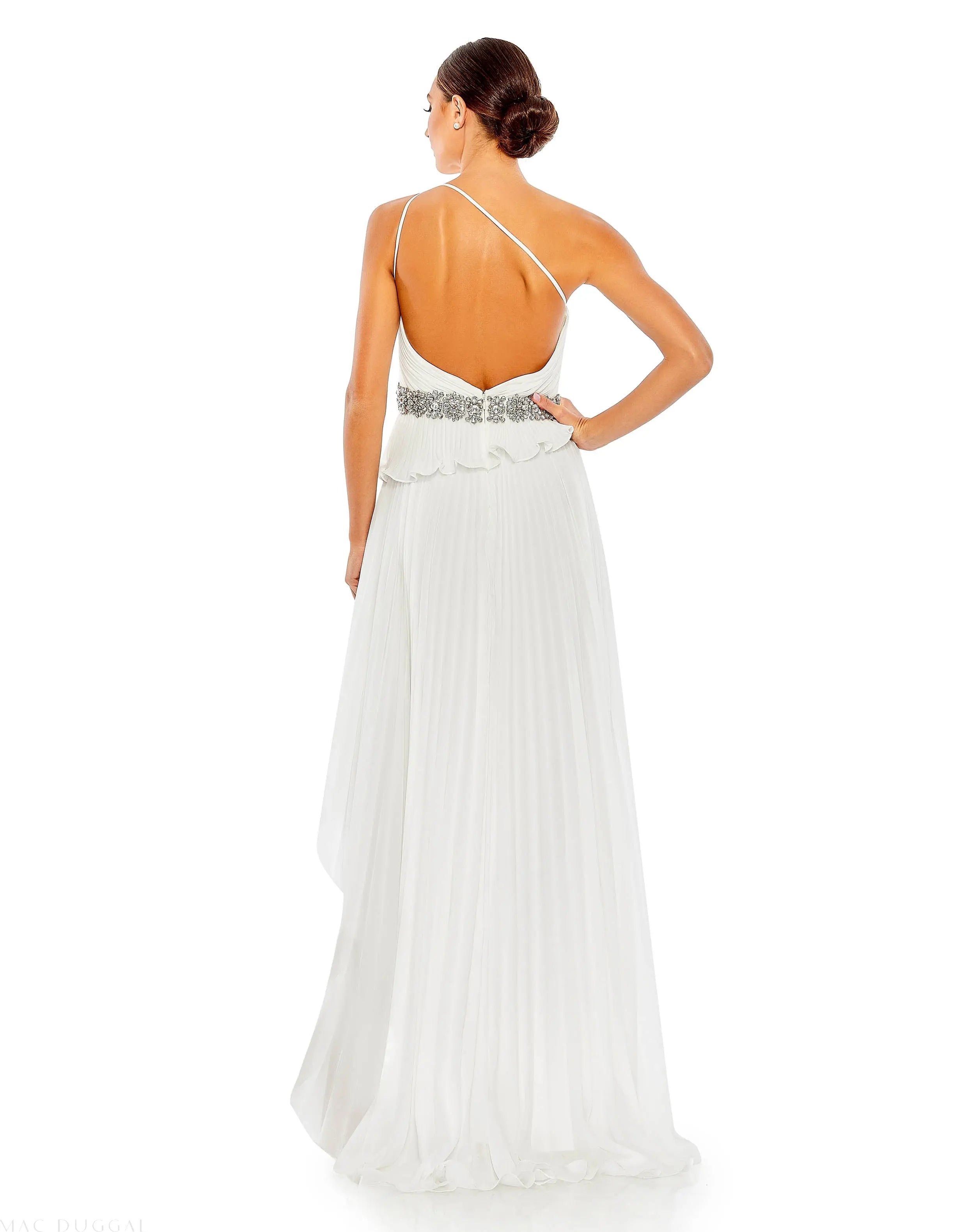White Pleated One Shoulder Asymmetrical Ruffle Hem Gown