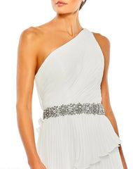White Pleated One Shoulder Asymmetrical Ruffle Hem Gown