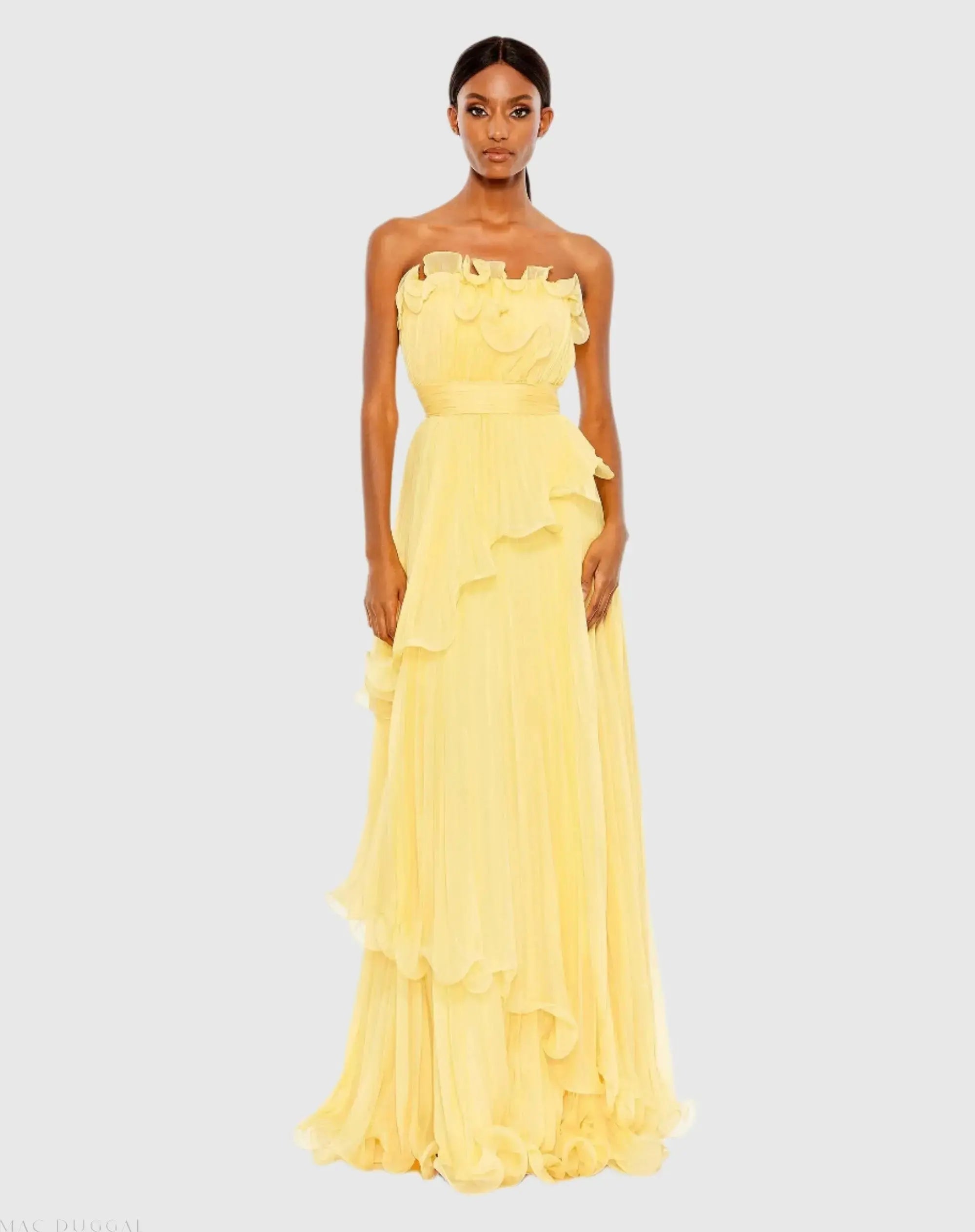 Pleated Tiered Ruffled Strapless Gown