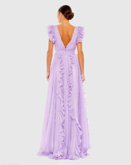 Purple Pleated Ruffle Cap Sleeve Flowy A Line Gown