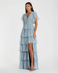 Flutter Sleeve Ruffle Tiered Gown
