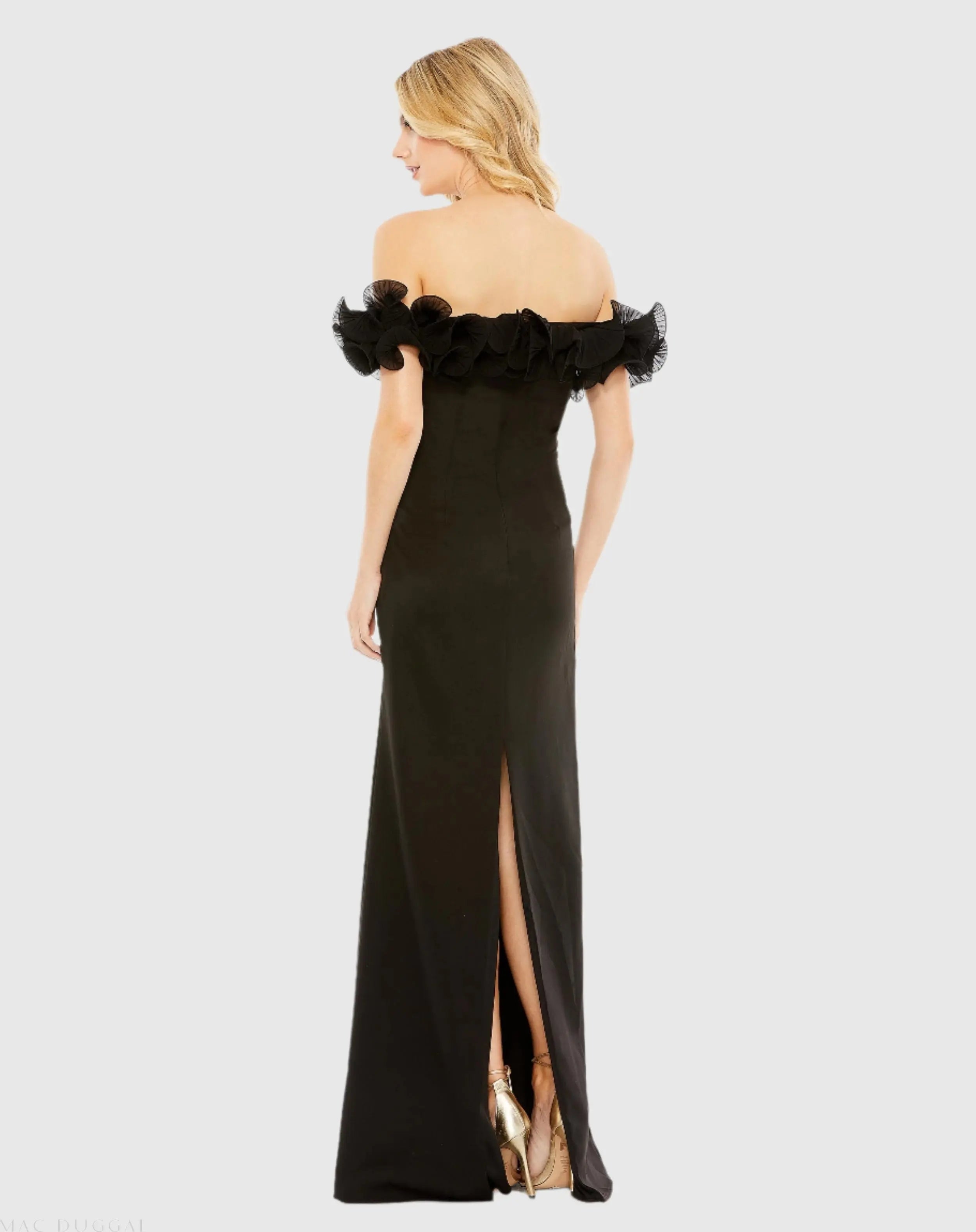 Black Off the Shoulder Ruffle Detail Column Gown
