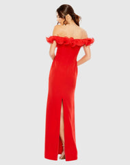 Red Off the Shoulder Ruffle Detail Column Gown