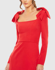 Red Empire Waist Long Sleeve Bow Shoulder Gown