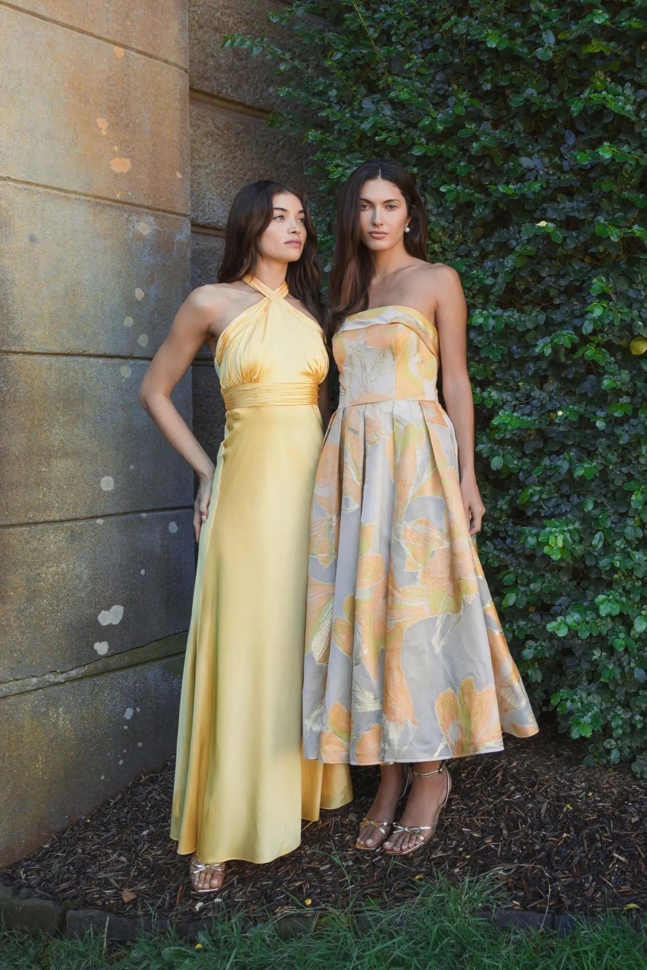 Yellow Ruched Halter Neck Tie Back Satin Gown