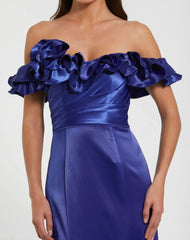 Blue Satin Ruffle Off the Shoulder Mermaid Gown
