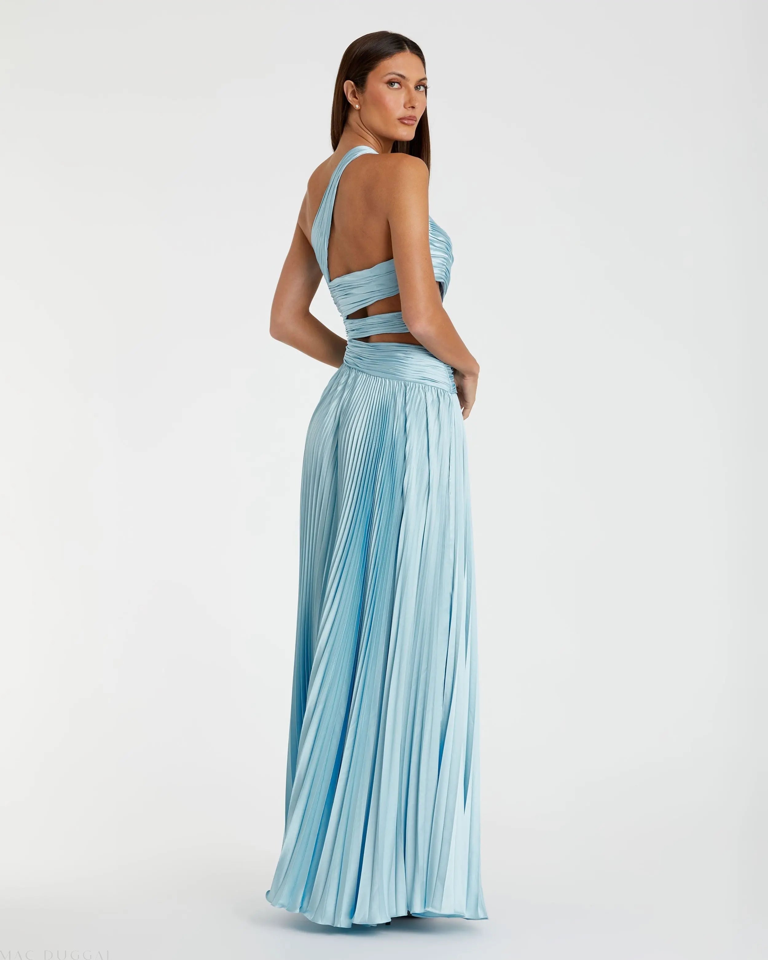Blue One Shoulder Pleated Charmeuse High Low Gown