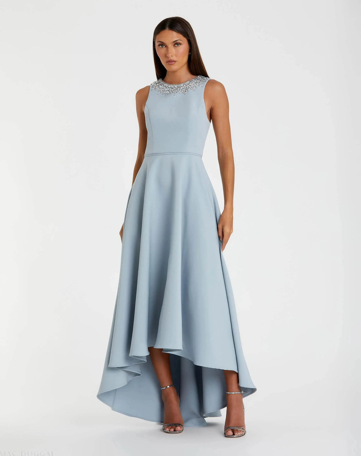 Crepe Embellished Neck High Low Gown