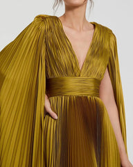 Green Pleated Charmeuse V Neck Gown With Cape