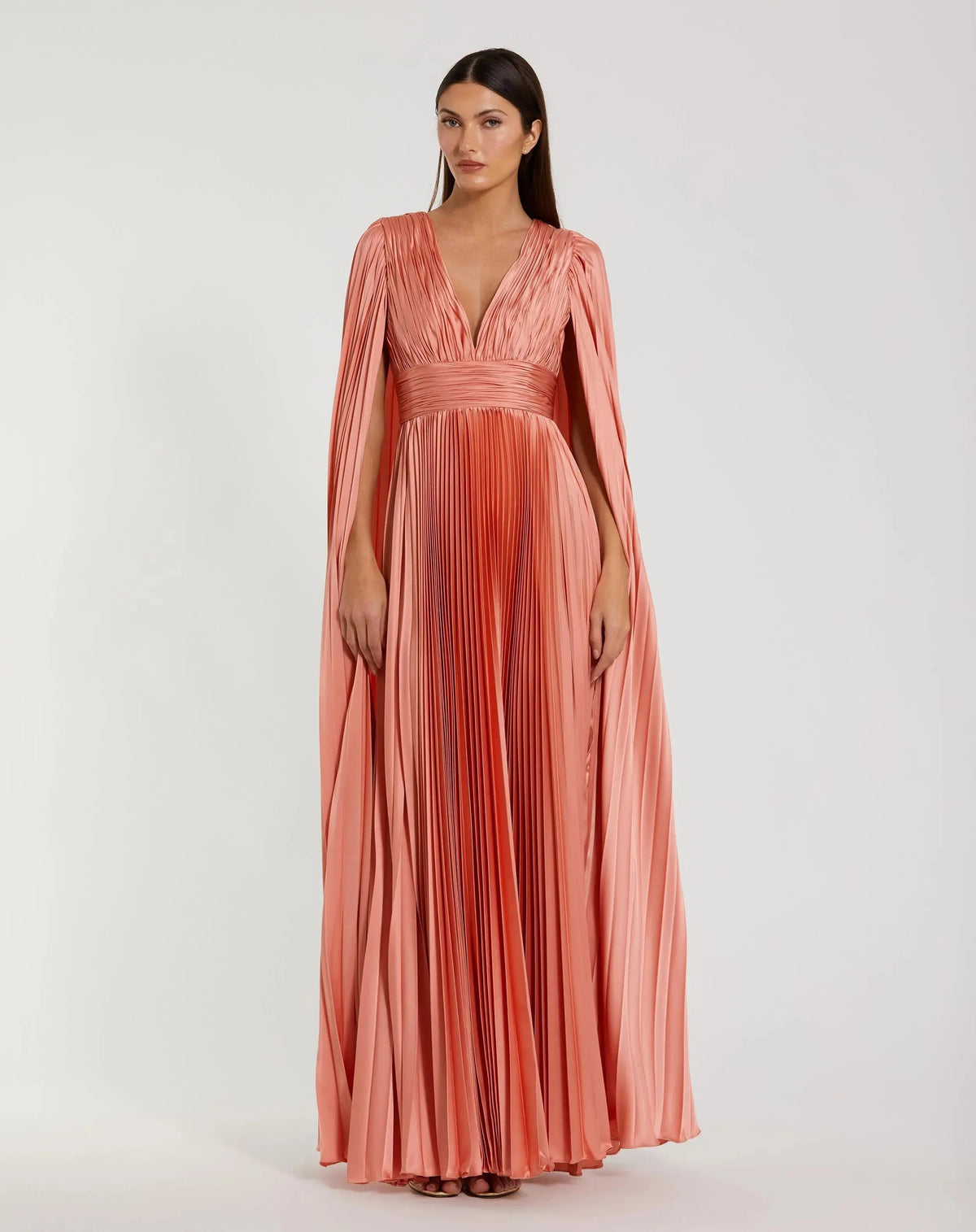 Pleated Charmeuse V Neck Gown With Cape