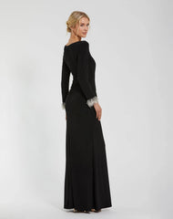 Black Long Sleeve Jersey Gown With Beaded Cuff Sleeves