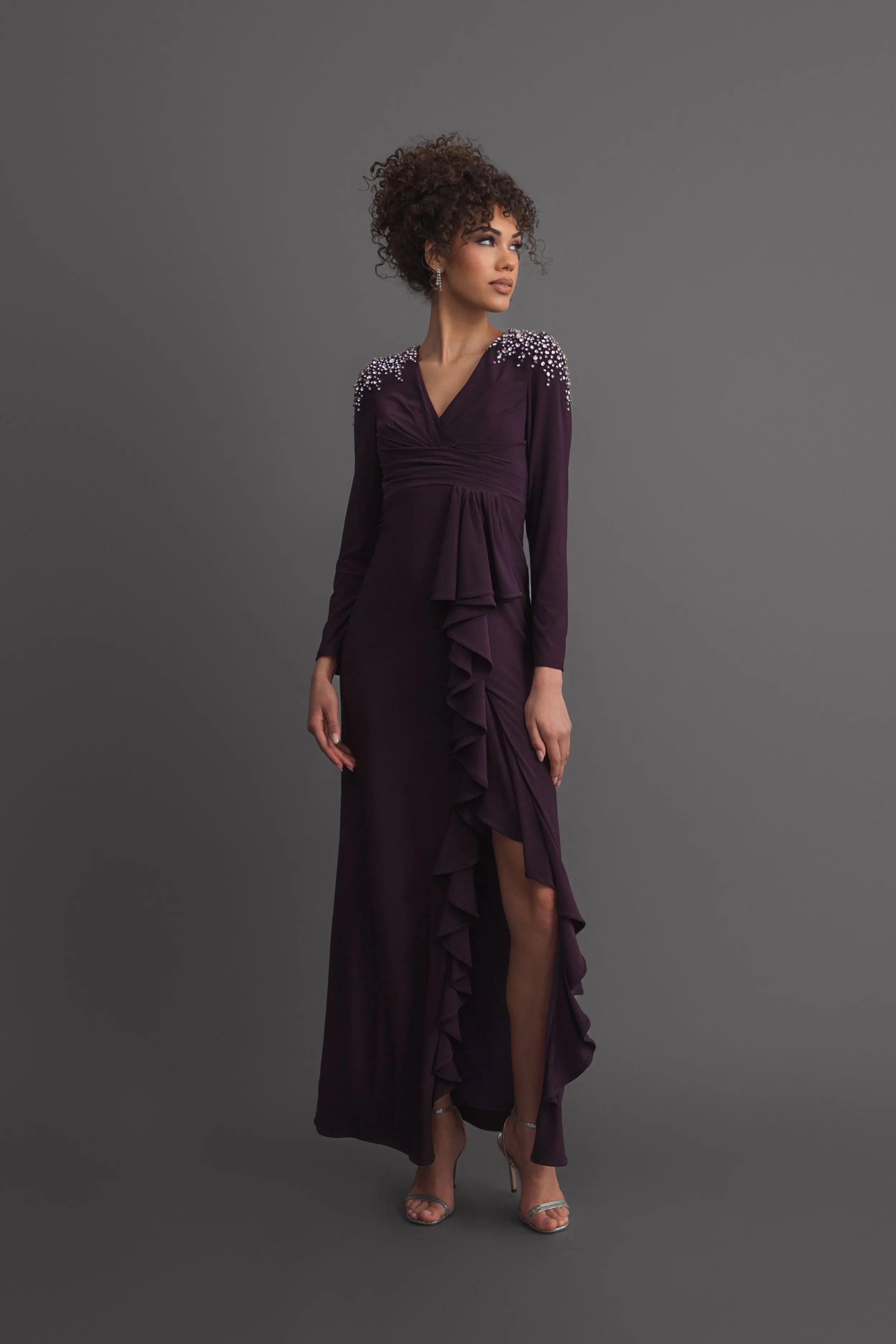 Purple Long Sleeve Gown with Cascading Ruffle & Rhinestone Shoulders