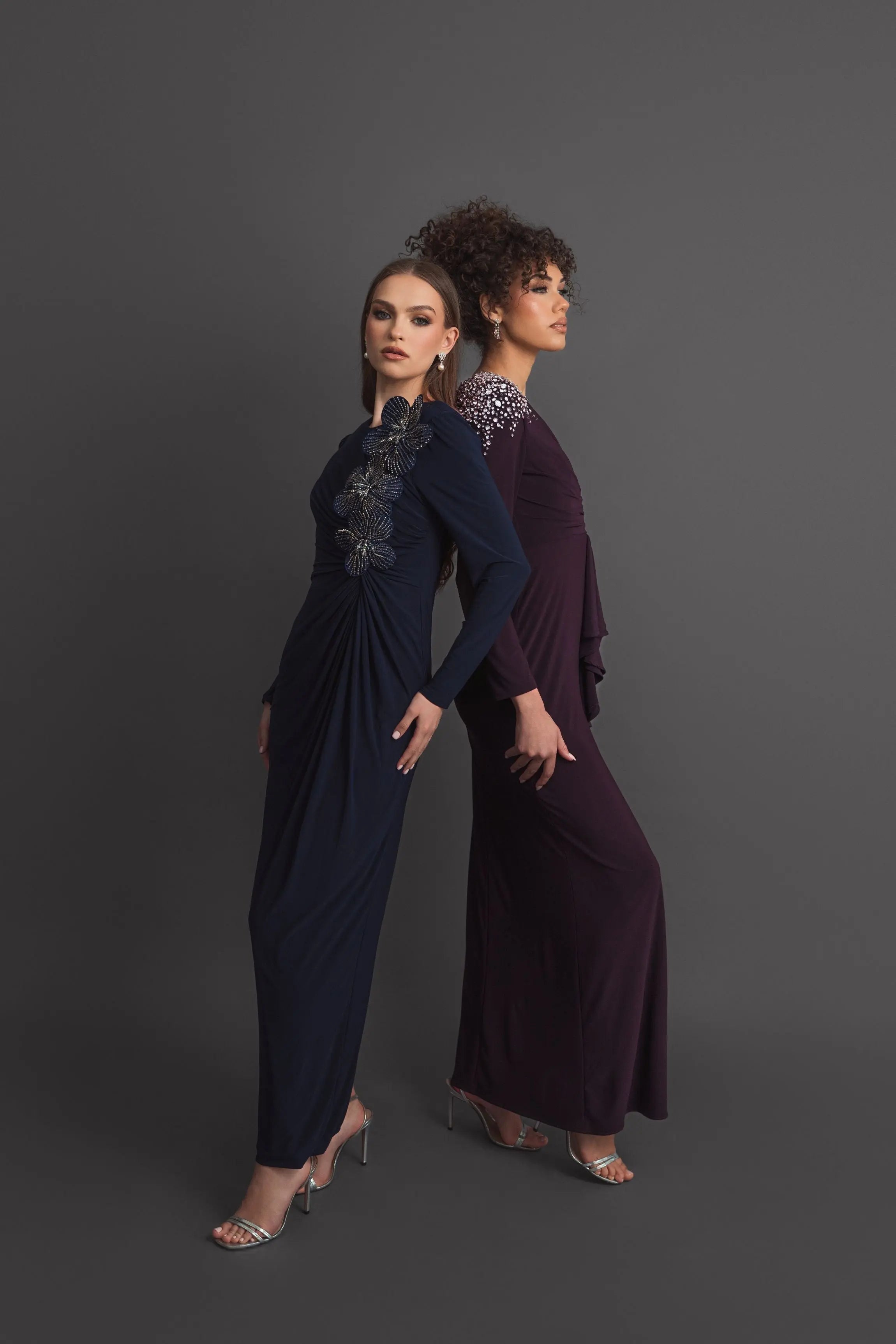 Navy Jersey Long Sleeve Fitted Gown With 3D Flowers