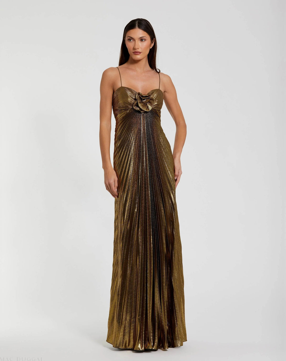 Gold Thin Strap Pleated Metallic Gown With 3D Flower