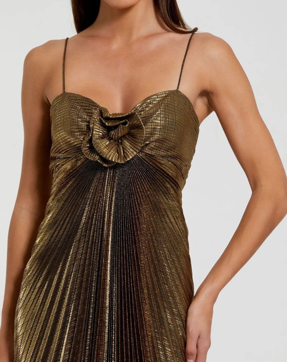 Gold Thin Strap Pleated Metallic Gown With 3D Flower