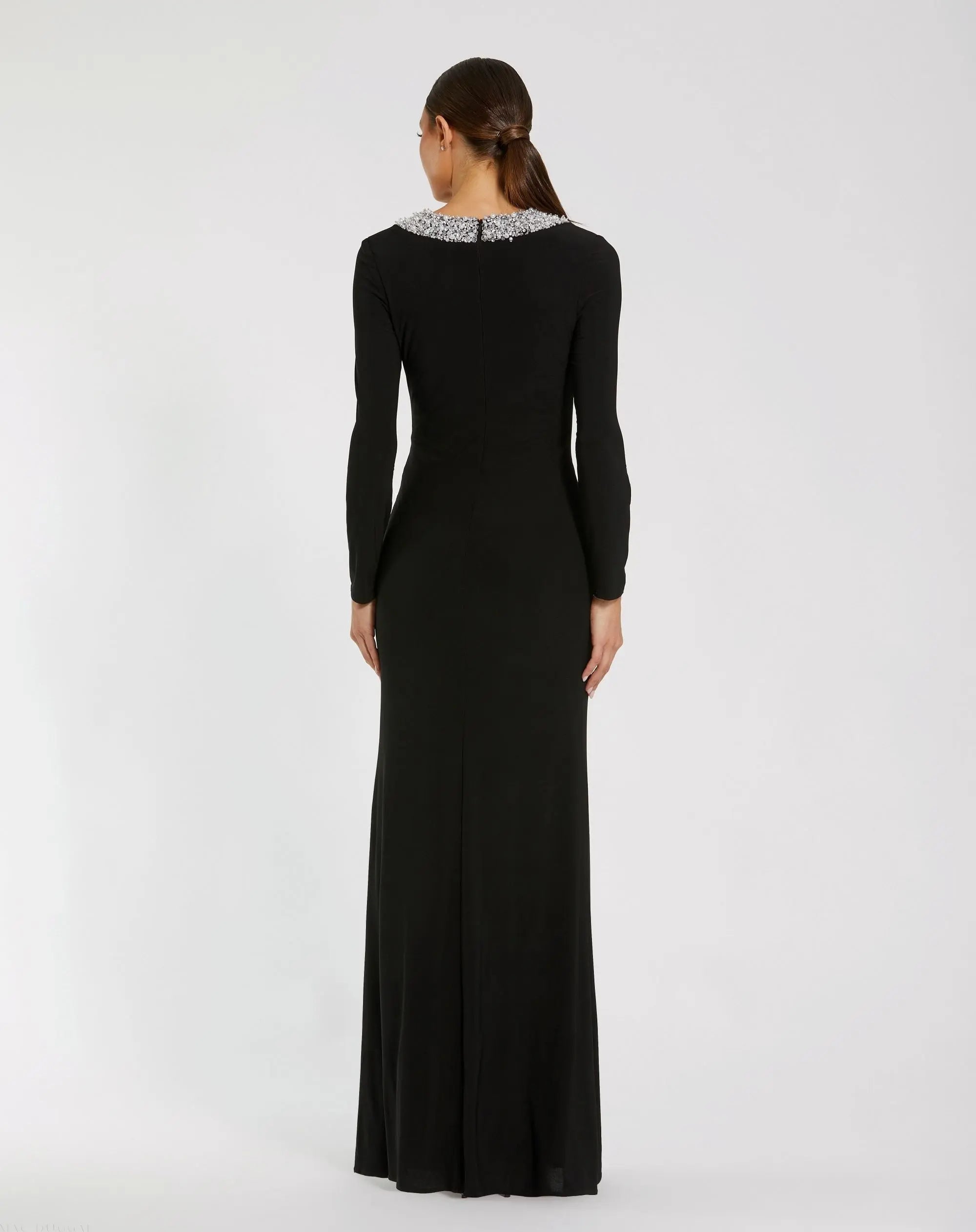 Black Jersey Long Sleeve Fitted Gown With Beaded Neck