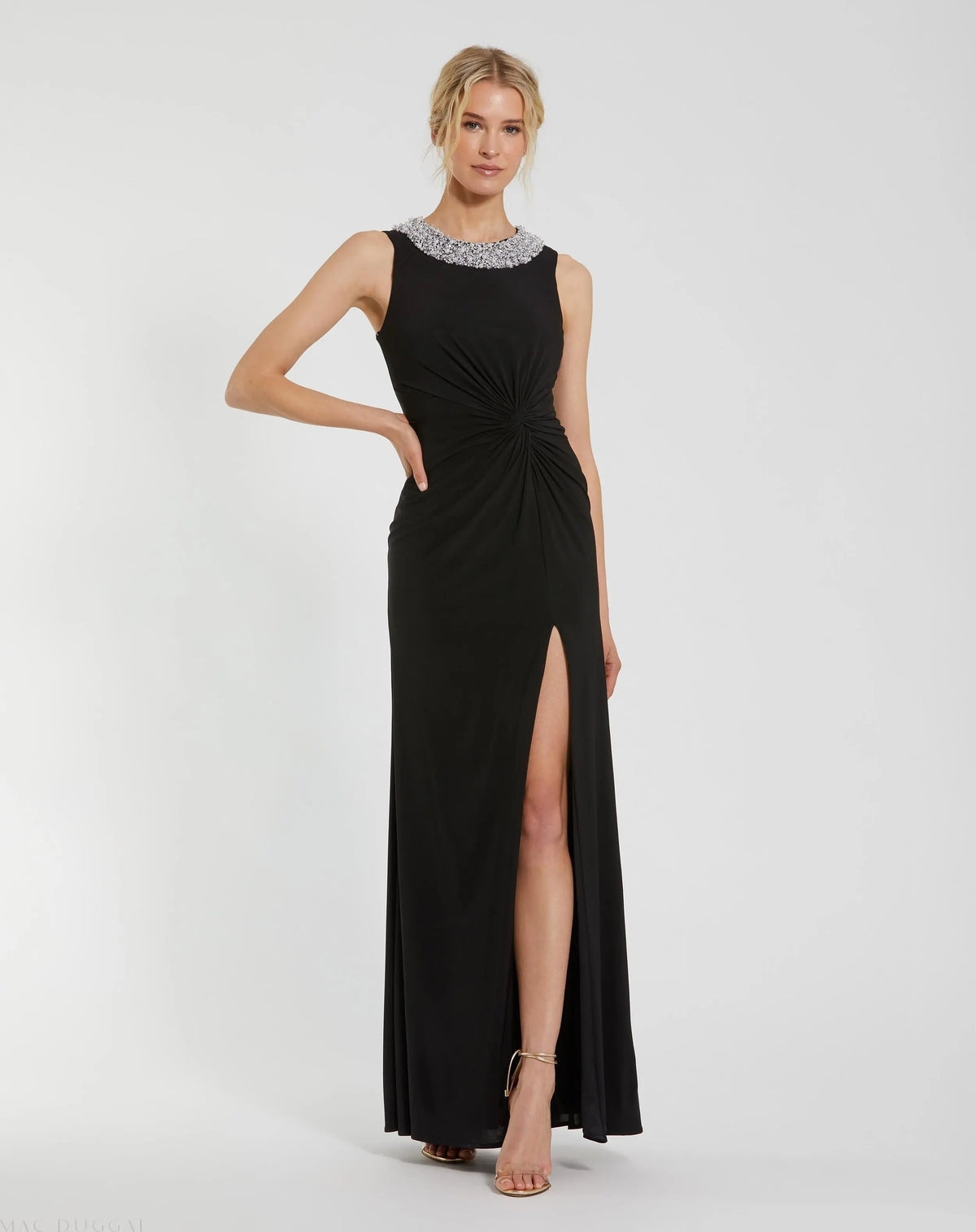 Black Jersey Sleeveless Beaded Neck Gown With Twist