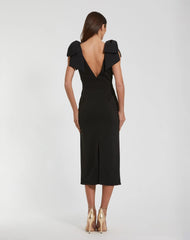 Black Bow Strap Crepe Fitted Midi Dress