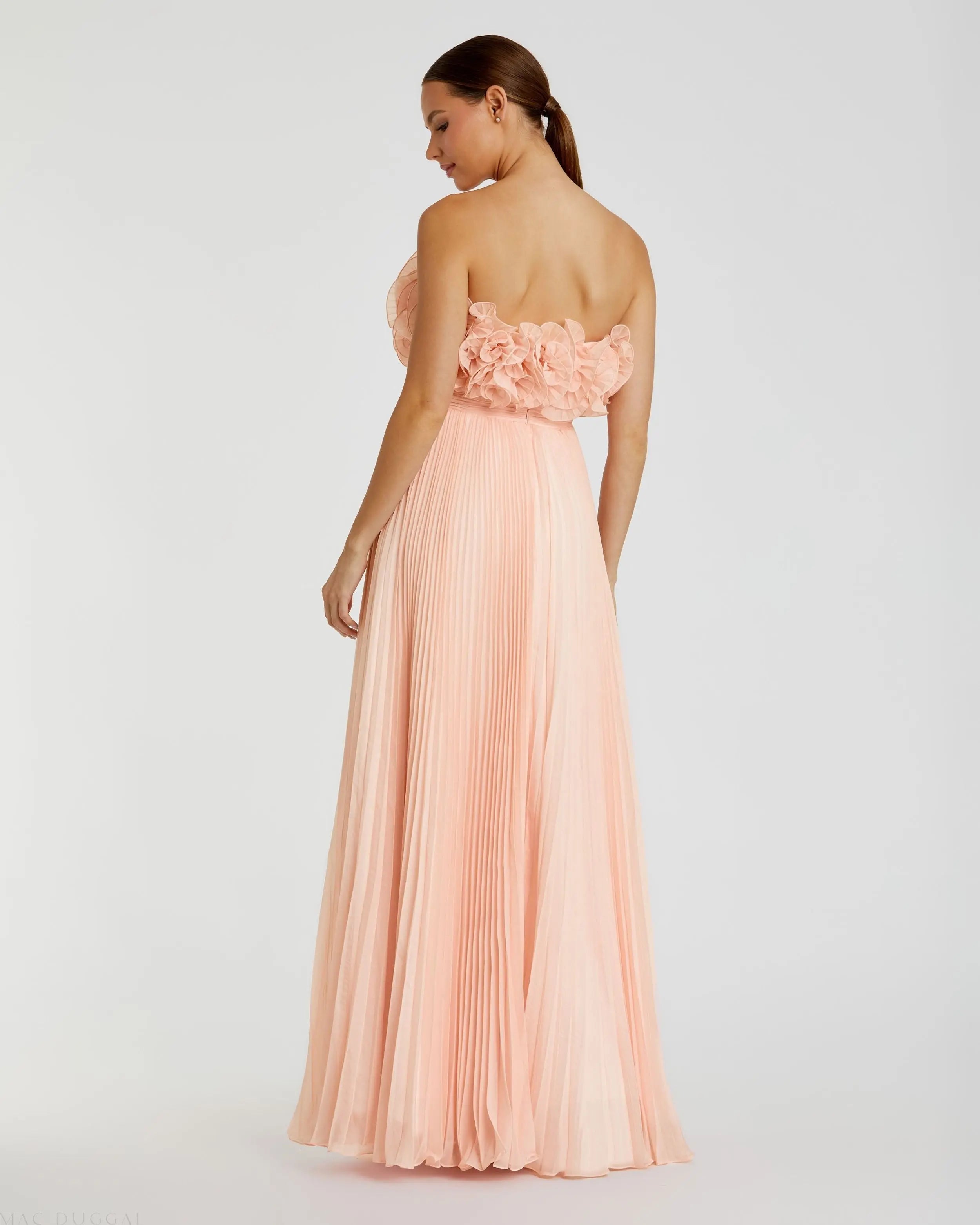 Pink Pleated Chiffon Strapless Gown With Ruffles