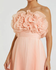 Pink Pleated Chiffon Strapless Gown With Ruffles