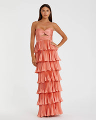 Pleated Charmeuse Strapless Tiered Ruffle Gown