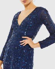 Navy Embellished Front Slit Long Sleeve Gown