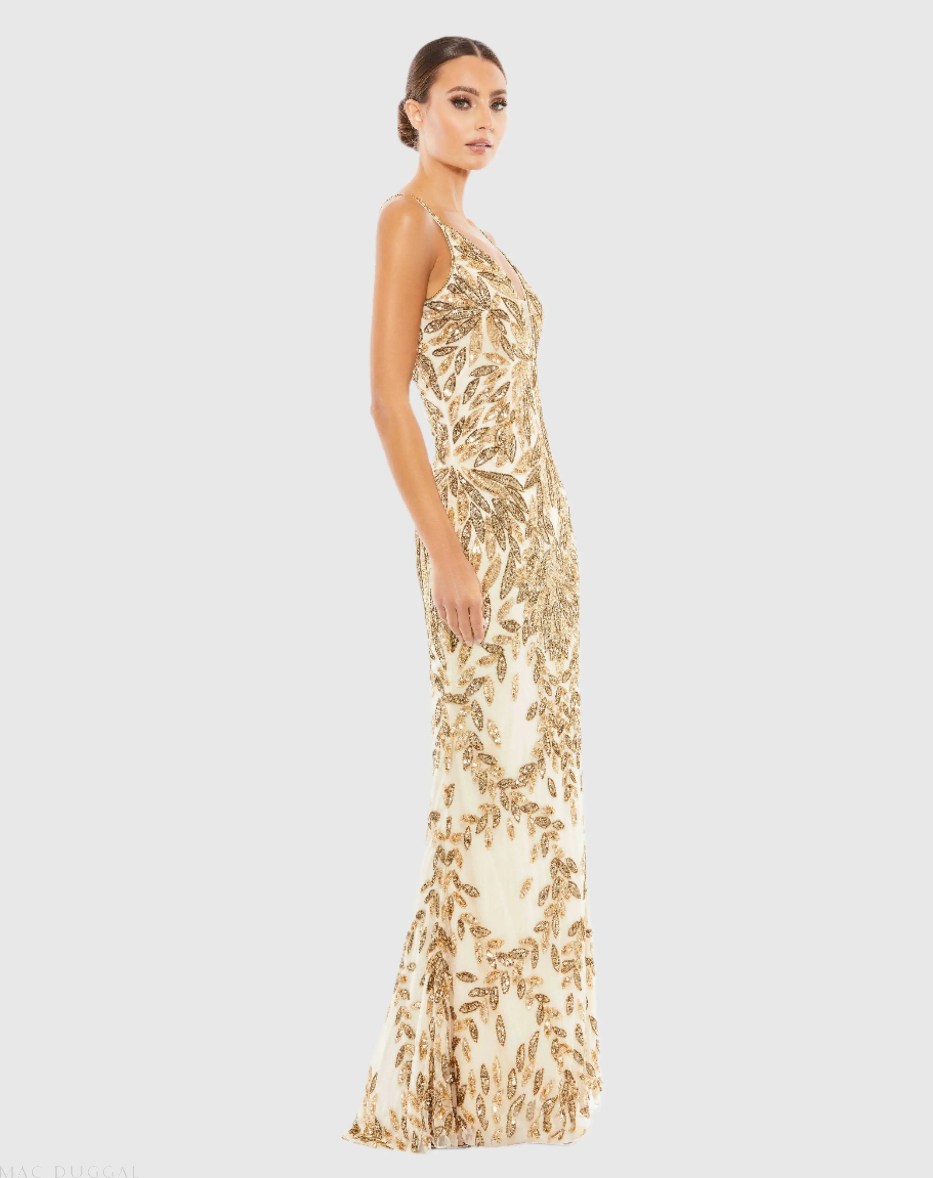 Gold Hand Embellished Sleeveless Evening Gown