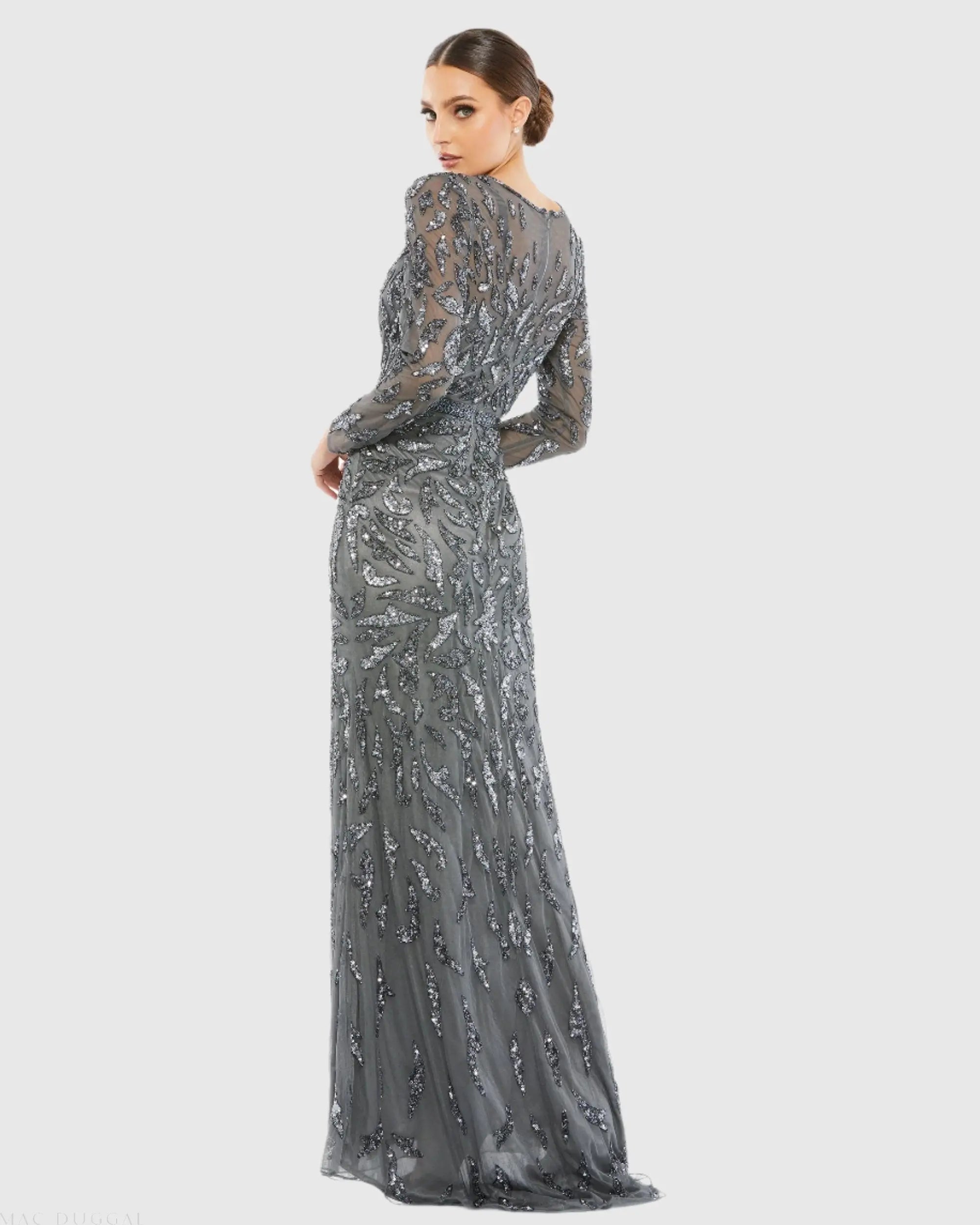 Dark Gray Long Sleeve Beaded Evening Gown